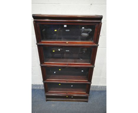 A 20TH CENTURY MAHOGANY GLOBE WERNIKE FOUR SECTION BOOKCASE, with glazes fall front doors, width 90cm x depth 31cm x height 1