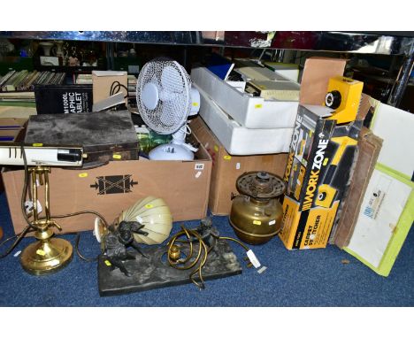 A QUANTITY OF HOUSEHOLD SUNDRIES AND ELECTRONICS, to include an Acorn Electron Plus 3, Earlex steam cleaning kit, desktop fan