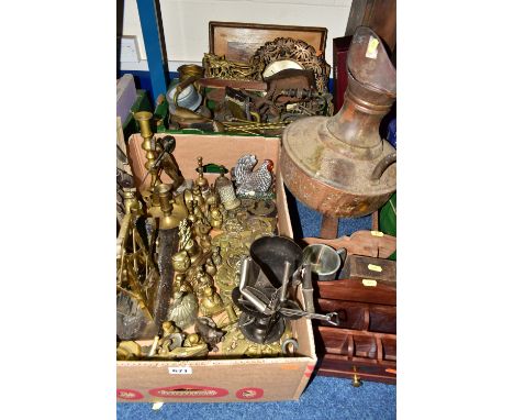 TWO BOXES AND LOOSE METALWARES AND TREEN, including a cardboard display of old saddlery tools, reproduction horses brasses, a