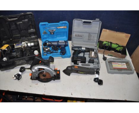A COLLECTION OF ELECTRICAL TOOLS to include a Kinzo 25C31EP hand sander, exact precision saw by JML, Nu-power QI-HG-GW heat g