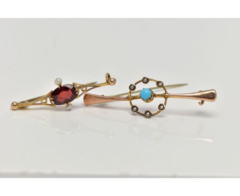 TWO YELLOW METAL BAR BROOCHES, the first set with a central turquoise cabochon, within an openwork circular surround set with