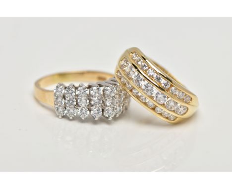 TWO 14CT GOLD DRESS RINGS, the first a yellow gold triple row channel set with twenty five circular cut cubic zirconia stones