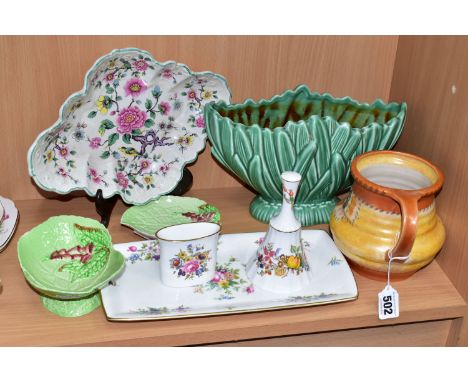 A GROUP OF CERAMICS, comprising a Crown Ducal handled vase, a Sylvac 2456 green Hyacinth vase, a Carlton Ware Foxglove trinke