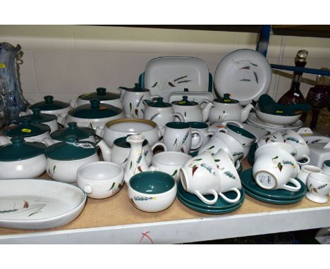 A QUANTITY OF DENBY GREENWHEAT PATTERN DINNERWARES, comprising three tea pots in a variety of sizes, two sizes of coffee pots