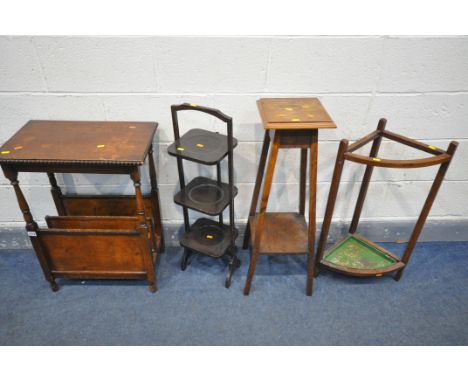 A BEECH CANTERBURY, with two divisions, an oak plant stand, corner umbrella stand and a folding cake stand (condition:-canter