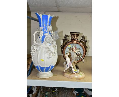 A CONTINENTAL PORCELAIN FIGURE OF A MARLY HORSE AND ATTENDANT, AND TWO OTHER CERAMIC ITEMS, the Marly horse with loose front 