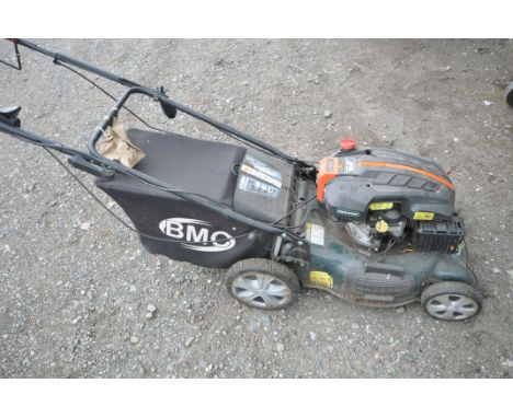 A BRITISH MOWER COMPANY 'BMC' BATTERY START PETROL LAWNMOWER, with a wolf 5.5 hp engine, grass box, battery and charger (cond