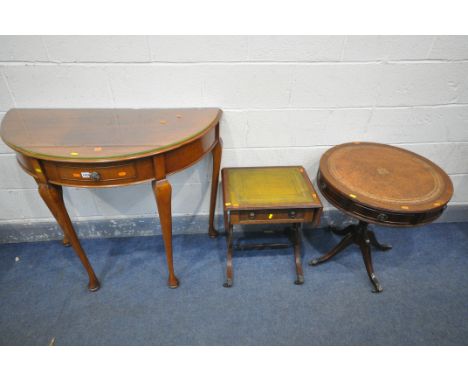A MAHOGANY DEMI LUNE TABLE with a single drawer on cabriole legs, with a glass top, width 103cm x depth 51cm x height 87cm (c
