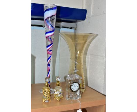 FIVE PIECES OF GLASSWARE, comprising a Royal Brierley 'Millennium 2000' coloured and cut glass champagne flute, height 40cm, 