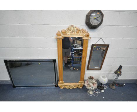 THREE WALL MIRRORS OF VARIOUS STYLES AND SIZES, to include a frameless mirror, width 120cm x height 81cm, another wall mirror