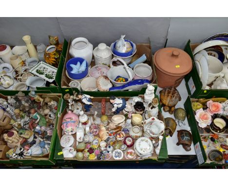 SIX BOXES AND LOOSE CERAMICS AND ORNAMENTS ETC, to include collectors plates, Limoges decorative ceramics, relief moulded tan