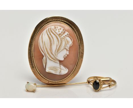 A 9CT GOLD RING, STICK PIN AND CAMEO BROOCH, an oval cabochon onyx stone, set with a rope twist surround, bifurcated shoulder