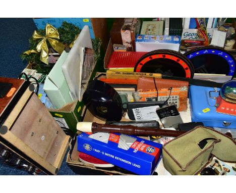 FOUR BOXES OF HOUSEHOLD SUNDRIES, comprising a group of approximately fifty records 78s, light bulbs, metal cash box (with ke
