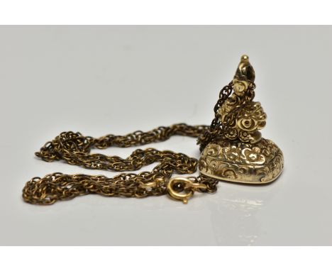 A GOLD PLATED HARDSTONE SEAL FOB AND CHAIN, the seal of a rounded rectangular form, set with an engraved  carnelian monogram 