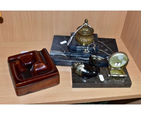 THREE DESK ACCESSORIES, comprising a marble desk single inkstand with pen rest (missing liner for inkwell), a desk calendar h