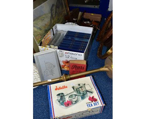 TWO BOXES AND LOOSE, BOOKS, METALWARES, CAMERAS, ETC, including two gilt framed wall mirrors, a copper smoker's stand, a Harr