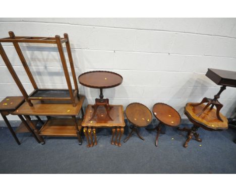 A SELECTION OF VARIOUS OCCASIONAL FURNITURE, to include two yew wood tripod tables, a mahogany wine table, a mahogany side ta