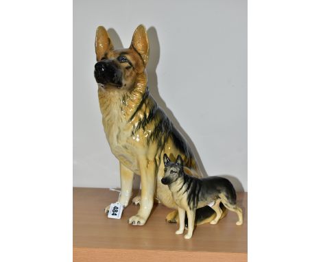 TWO BESWICK ALSATIAN FIGURES, comprising Alsatian Ulrica of Brittas - Large 969, matt finish, height 14cm, and Alsatian Fires