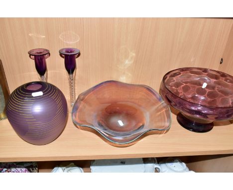 FIVE PIECES OF AMETHYST STUDIO GLASS, comprising a Stephen Foster matt bulbous vase, with contrasting bands, signed S Foster 