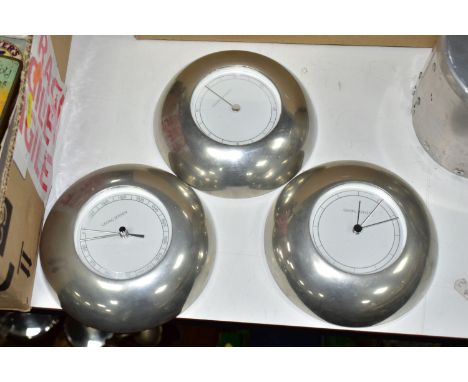A SET OF GEORG JENSEN CLOCK, BAROMETER, THERMOMETER, 5 designed by Andreas Mikkelsen (Denmark), quartz, circular aluminium, d