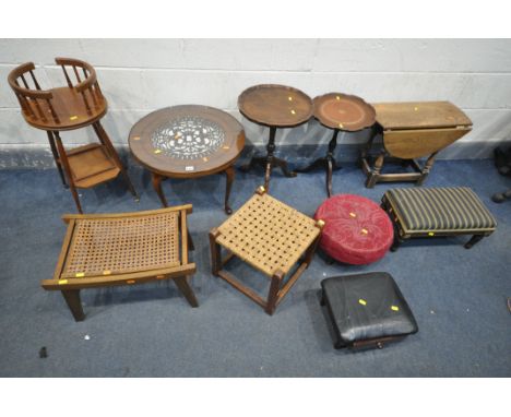 A SELECTION OF OCCASIONAL FURNITURE, to include a circular blind fretwork occasional table, a drinks stand, an oak drop leaf 