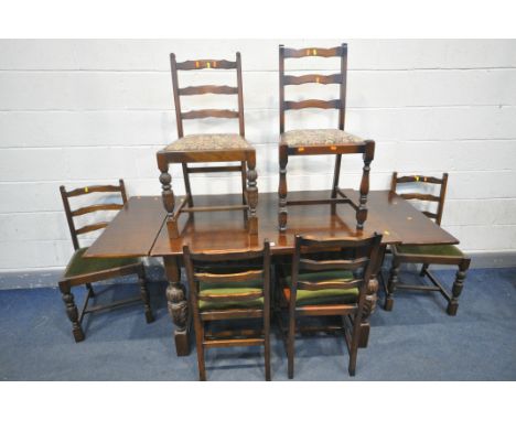 A LATE 20TH CNETURY OAK DRAW LEAF DINING TABLE, open length 183cm x closed length 122cm x depth 76cm x height 75cm, along wit