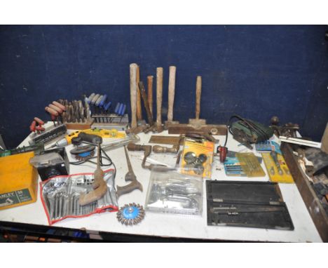 THREE TUBS OF VINTAGE TOOLS to include hammers, saws, micrometer, planes, hex keys, jigsaw blades, t-handle hex key set, shar