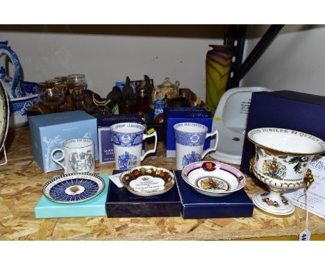 A BOX AND LOOSE CERAMICS, GLASS, METALWARES AND SUNDRY ITEMS, to include a boxed Royal Worcester Diamond Jubilee limited edit