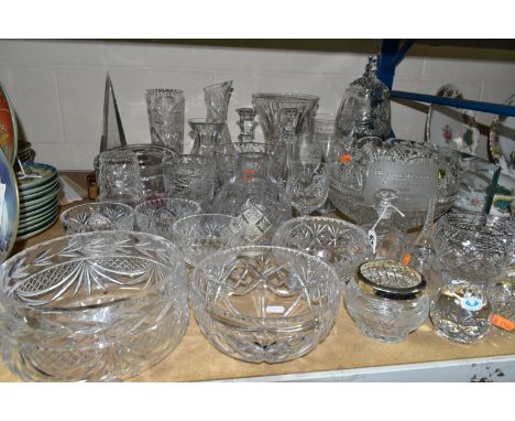 A GROUP OF CUT CRYSTAL GLASSWARES, approximately thirty pieces, to include a large Waterford pedestal bowl engraved 'Hospice 