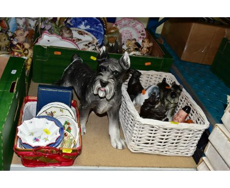 A BOX, TWO BASKETS AND LOOSE CERAMICS AND SUNDRY ITEMS, to include a large Italian ceramic schnauzer dog height 33cm, togethe