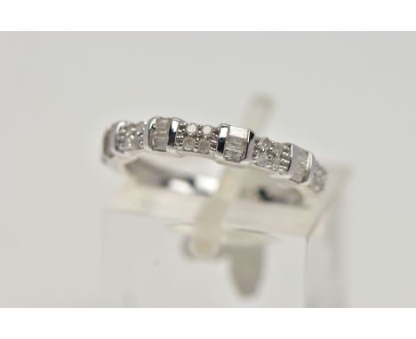 A 9CT WHITE GOLD DIAMOND RING, half eternity ring designed with five sections each set with four single cut diamonds, intersp