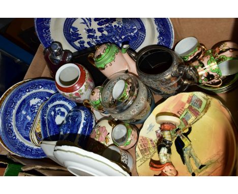 A BOX OF CERAMICS, GLASS AND METALWARES, to include a Royal Doulton Charles Dickens Series ware bowl printed with Cap'n Cuttl