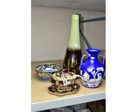 A MASONS IRONSTONE REPRODUCTION 'DOUBLE LANDSCAPE'  SAUCE TUREEN, COVER AND STAND WITH MATCHING LADLE AND THREE OTHER CERAMIC