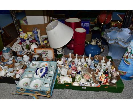 FOUR BOXES AND LOOSE CERAMICS AND ORNAMENTS ETC, to include ceramic bells by Aynsley, Wedgwood and Crown, boxed child's tea s