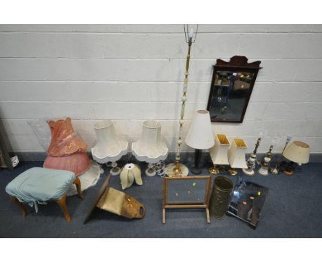 A SELECTION OF LIGHTING, to include a four onyx/marble and brass table lamps, a pair of brass table lamps, three other table 