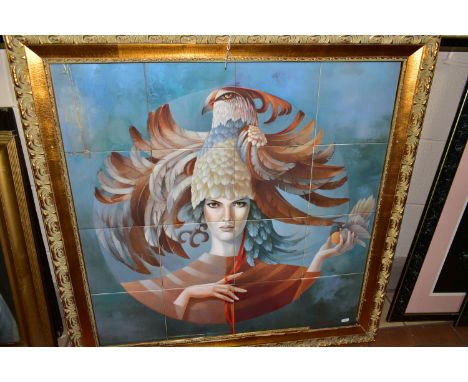 JEAN CLAUDE DESPLANQUES, A PRINT REPRODUCTION ON 16 CERAMIC TILES, depicting a surrealist female figure wearing a bird hat wh