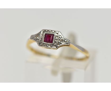 A YELLOW METAL RUBY AND DIAMOND RING, art deco style ring set with a square cut ruby, flanked with single cut diamond detail 