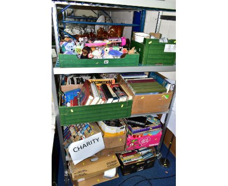 TEN BOXES OF BOOKS, VINTAGE LIGHT BULBS AND SUNDRY ITEMS, comprising beanie babies, glassware, L.Ps, atlas, 'Brother' printer
