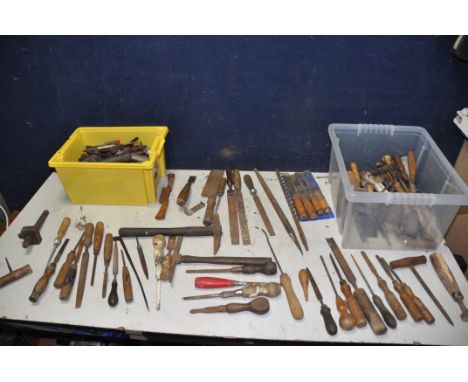 TWO TUBS OF WOODWORKING TOOLS to include a large collection of chisels, files, picks etc