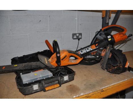 A COLLECTION OF WORX comprising a WORX WG250E.9 hedge trimmer, Worx WG151E.5 strimmer no charger (UNTESTED) Worx WG500E garde