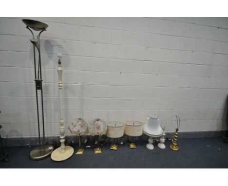 A SELECTION OF LIGHTING, to include a pair of brass column lamps, a twin branch table lamp, a pair of marble table lamps, ano