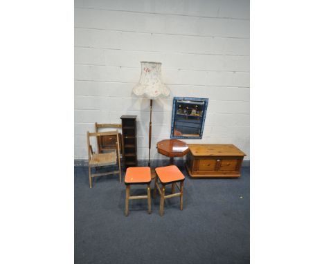 A PINE BLANKET CHEST, width 91cm x depth 44cm x height 49cm, a yew wood octagonal tripod table, a wall mirror, a mid-century 