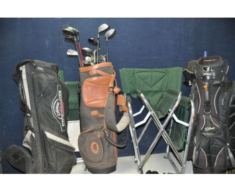GOLFING EQUIPMENT to include four golf bags, Ping, Titleist, Callaway, Izzo, a collection of sixteen golf clubs to include Wi