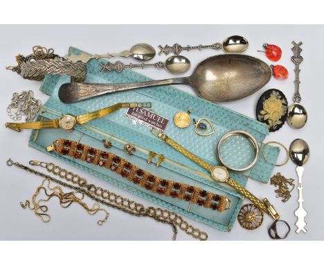 A BAG OF ASSORTED ITEMS, to include a yellow metal paste set bracelet, two ladies gold plated wristwatches, two yellow metal 