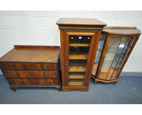 A TALL MAHOGNAY CABINET, with two shelves and two sliding shelves, a similar corner tv stand, a walnut chest of drawers on ca