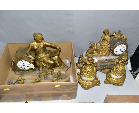 TWO FRENCH STYLE SPELTER AND ALABASTER MANTEL CLOCKS, the first depicts a female figure and dog on a plinth beside the clock,