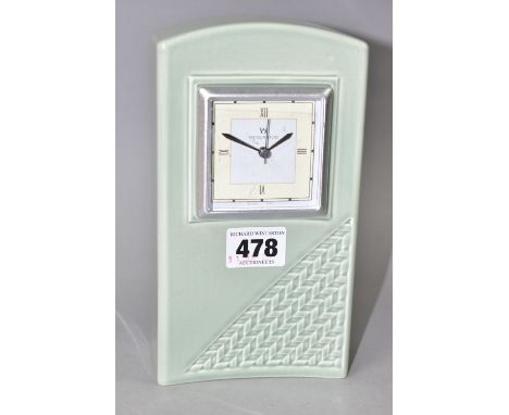 A WEDGWOOD INTERIORS MILLENIUM MANTEL CLOCK, in pale green, contemporary style with chevron pattern detail, height 19cm (1) (