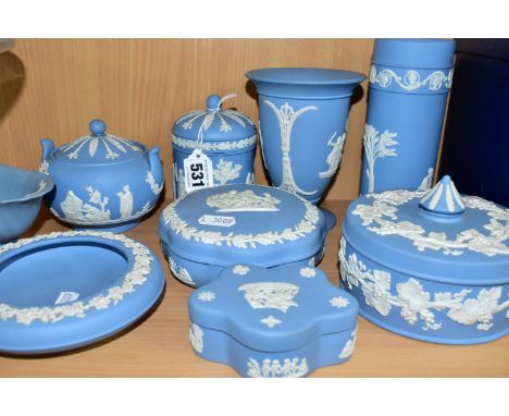 TEN PIECES OF WEDGWOOD PALE BLUE JASPERWARE,  including three trinket boxes and covers, an ashtray, a cylindrical jar and cov