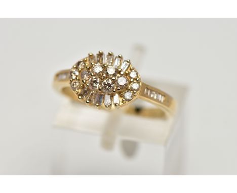 A 9CT GOLD DIAMOND RING, cluster design of an oval form, set with round brilliant cut and rectangular cut diamonds, rectangul