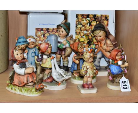 EIGHT HUMMEL FIGURES AND THREE UNRELATED HUMMEL BOXES, the figures include Little Nurse, In Tune, Little Cellist, I Brought Y